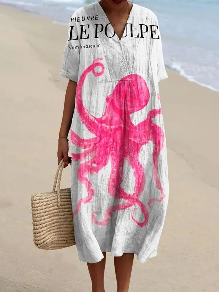 Women's Vintage Le Poulpe Octopus Art Print Flowy Dress