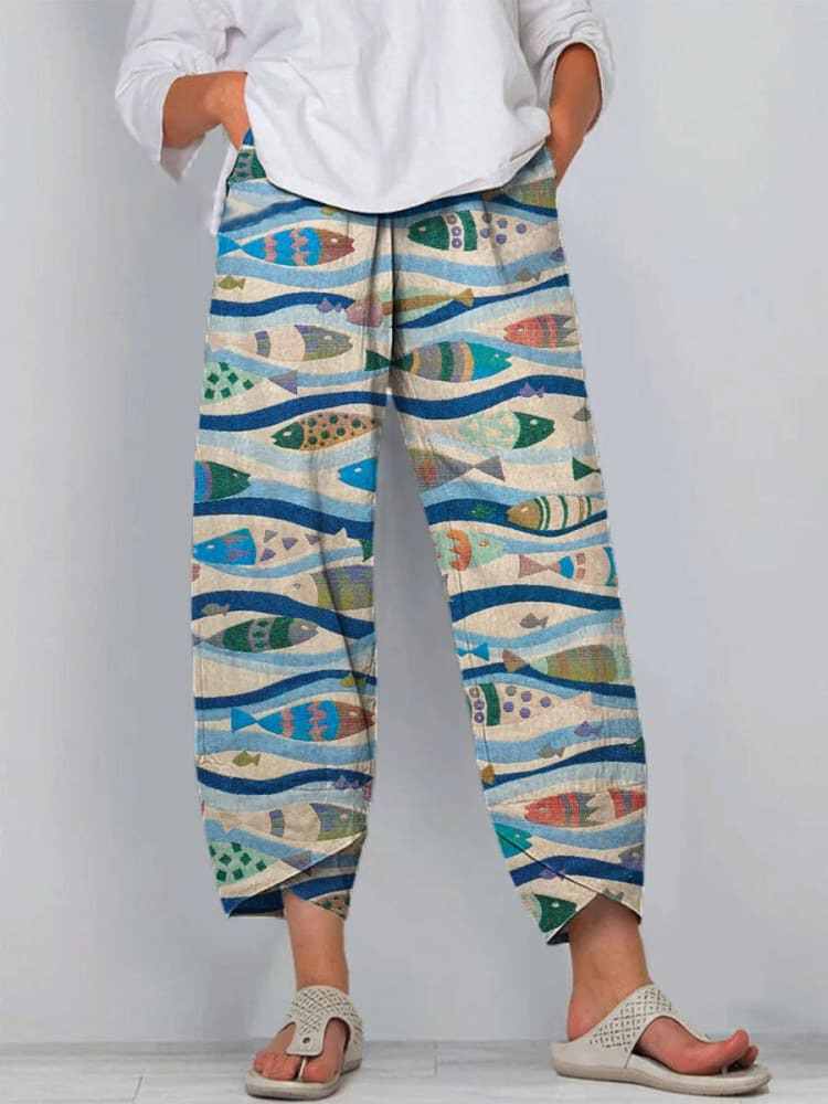 Women's Vintage Lovely Fish Art Printed Cotton And Linen Casual Pants