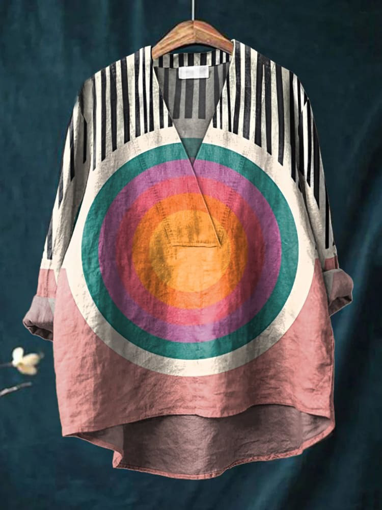Women's Gradient Circle Geometry Print Casual Cotton And Linen V-neck Shirt