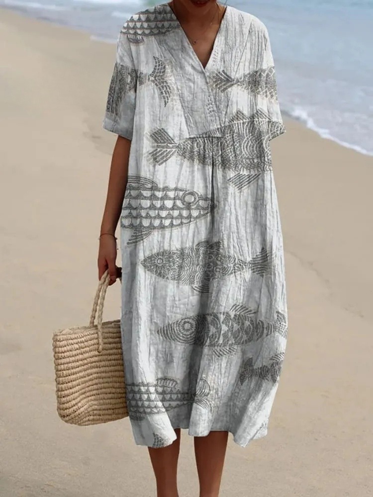 Women's Vintage Lovely Fish Art Print Flowy Dress