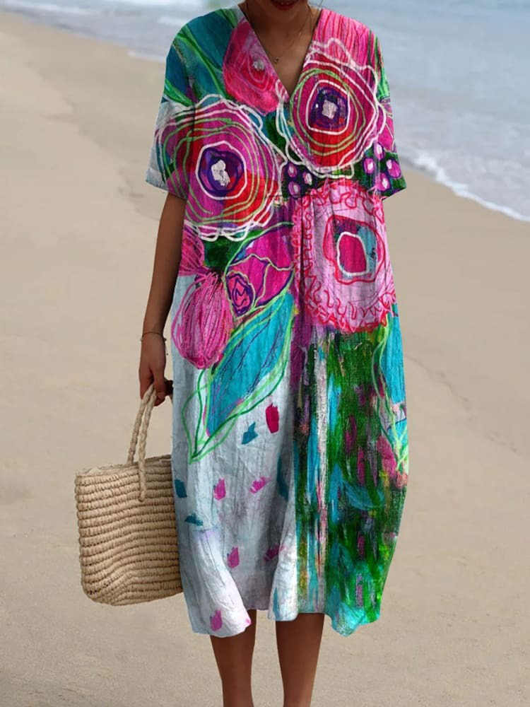 Women's Watercolor Splash Fluid Art Print Flowy Dress