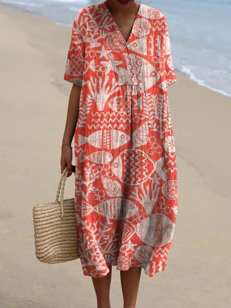 Women's Vintage Lovely Fish Art Print Flowy Dress