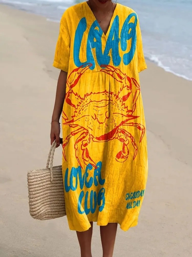 Women's Vintage Fish Crab Art Print Flowy Dress