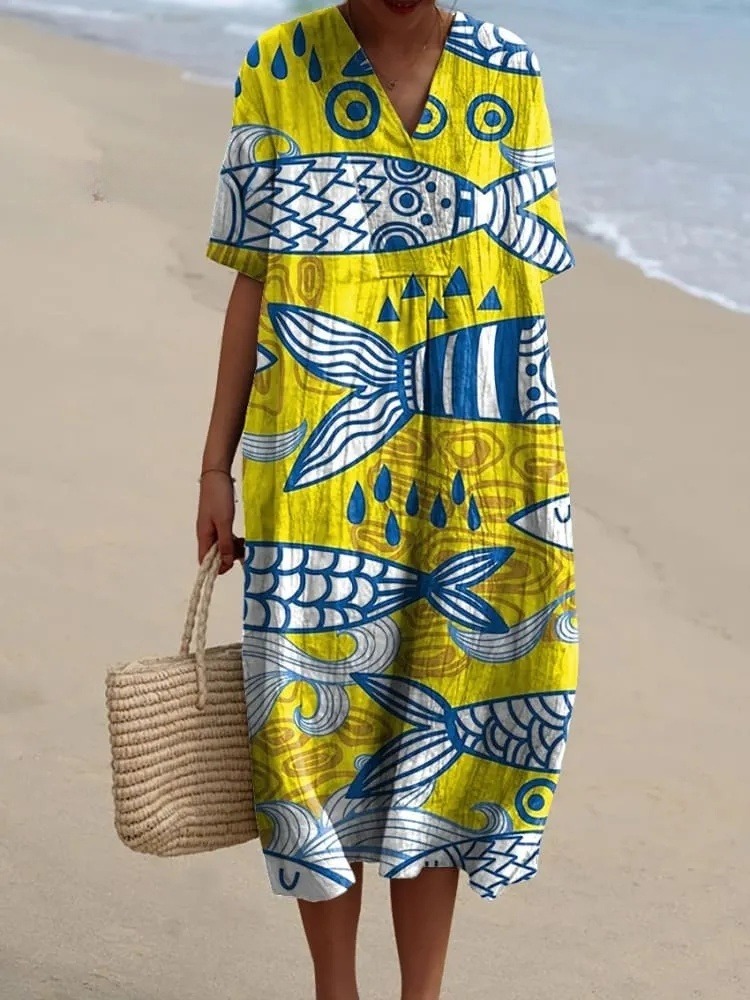 Summer Sea Fish Pattern Printed Women's Flowy Dress