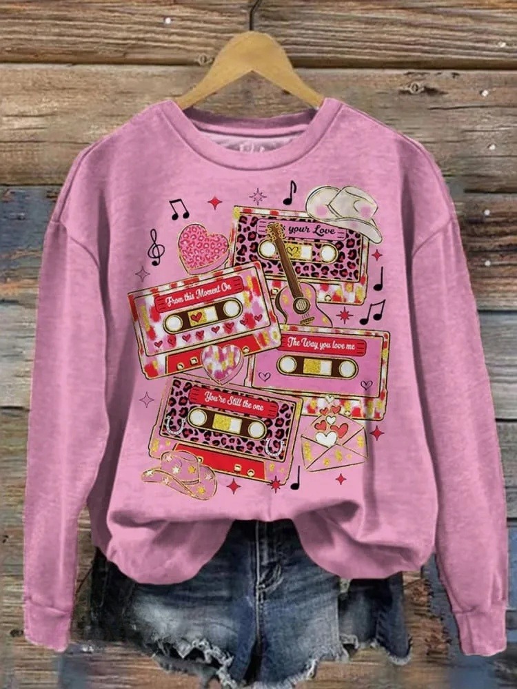 Valentine's Day Music Print Casual Sweatshirt