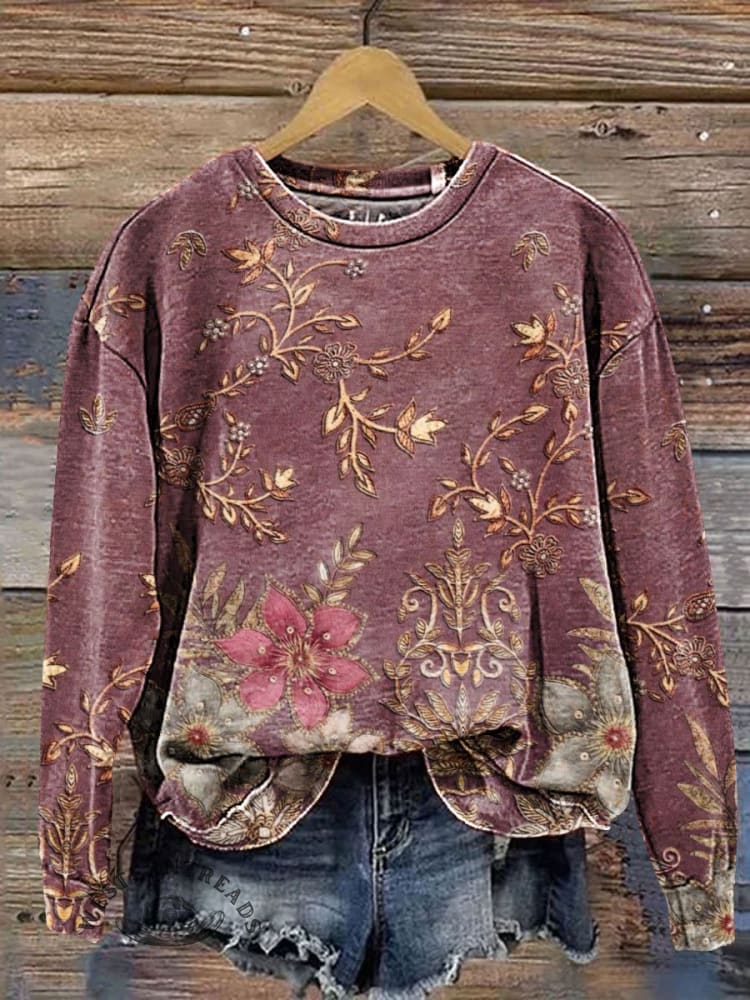 Vintage Floral Art Print Casual Sweatshirt