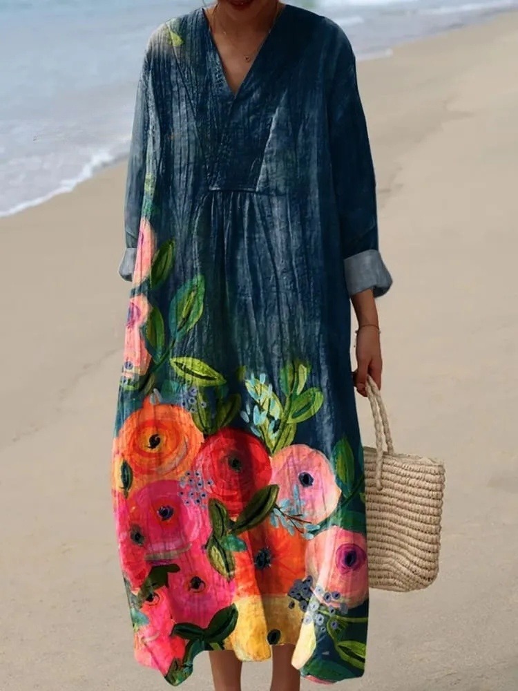 Women's  Vintage Flowers Art Print Casual V-neck Shirt