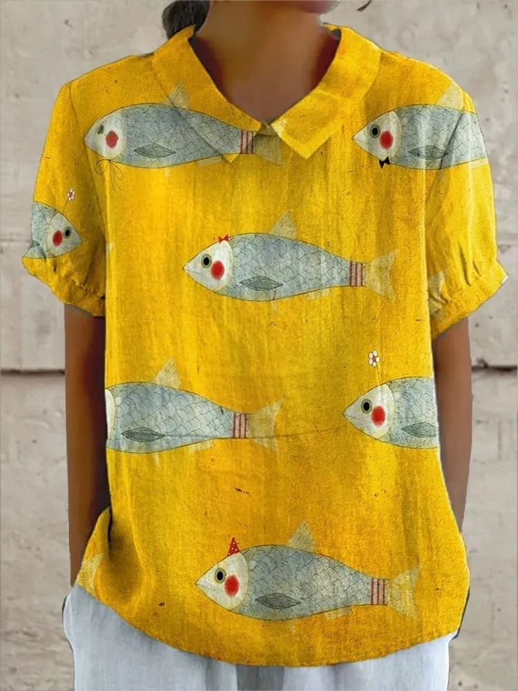 Women's Vintage Fish Art Print Casual Shirt