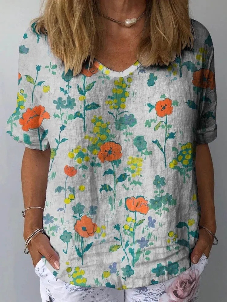Women's Vintage Lovely Floral Art Print Casual Cotton And Linen Shirt