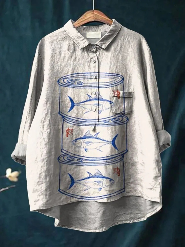 Women's Tuna Fish Sardines Vintage Fish Art Vintage Print Casual Shirt