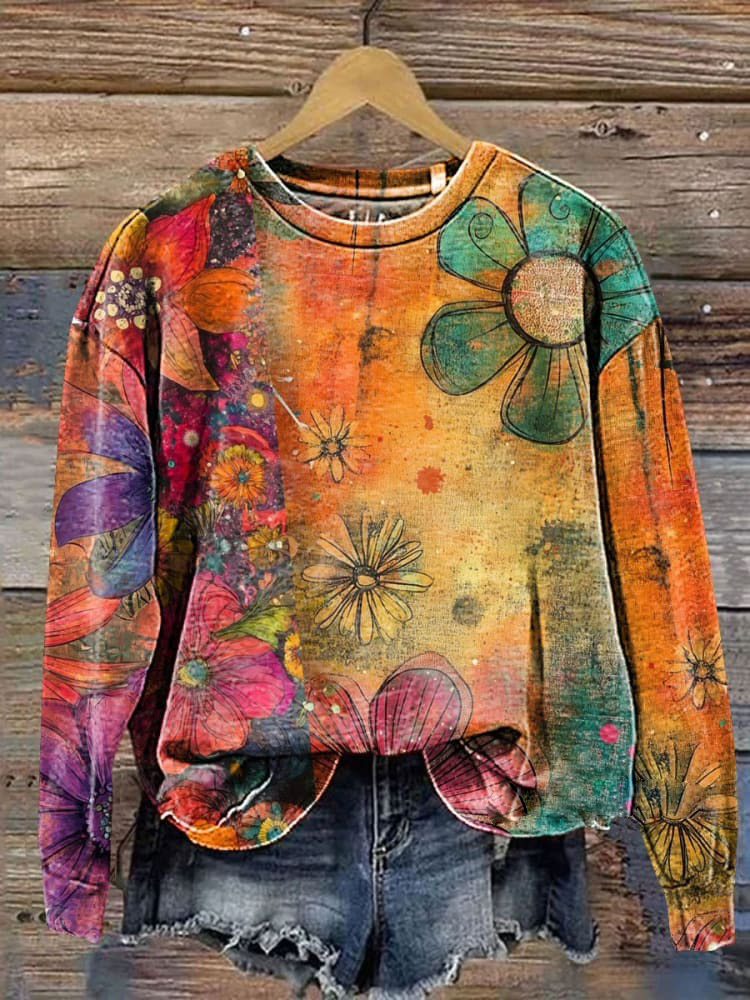 Vintage Floral Art Print Casual Sweatshirt