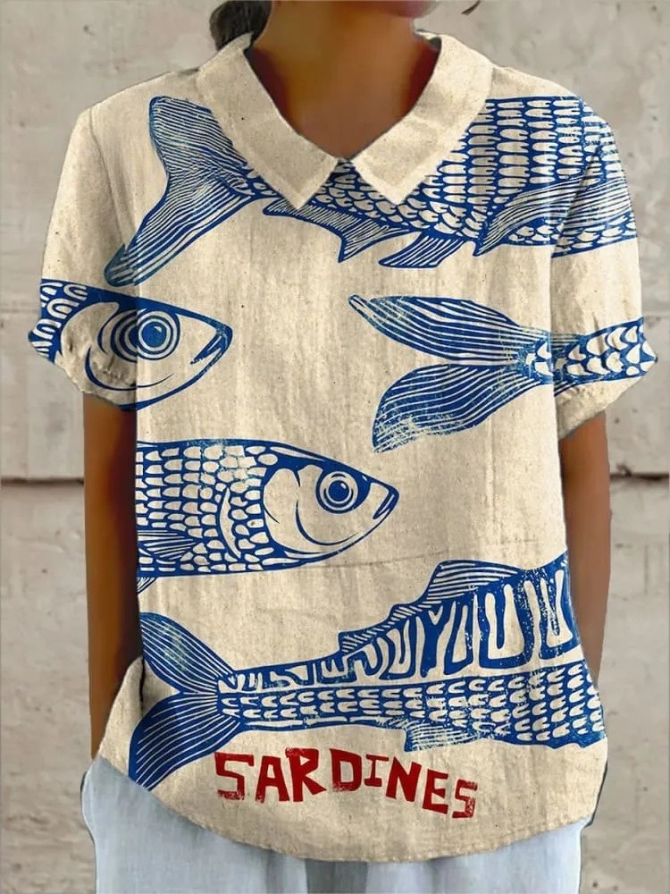 Women's Vintage Fish Sardine Art Print Casual Shirt