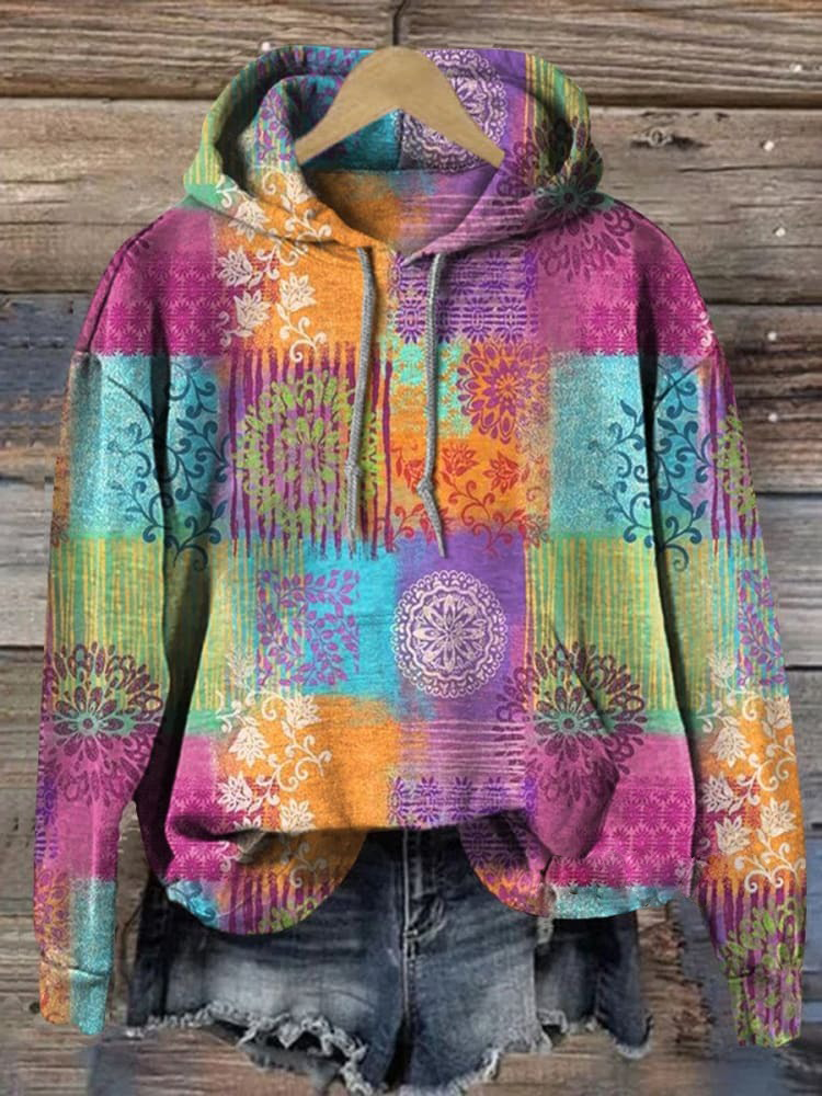 Colorful Plaid Flowers Print Casual Hoodie Sweatshirt