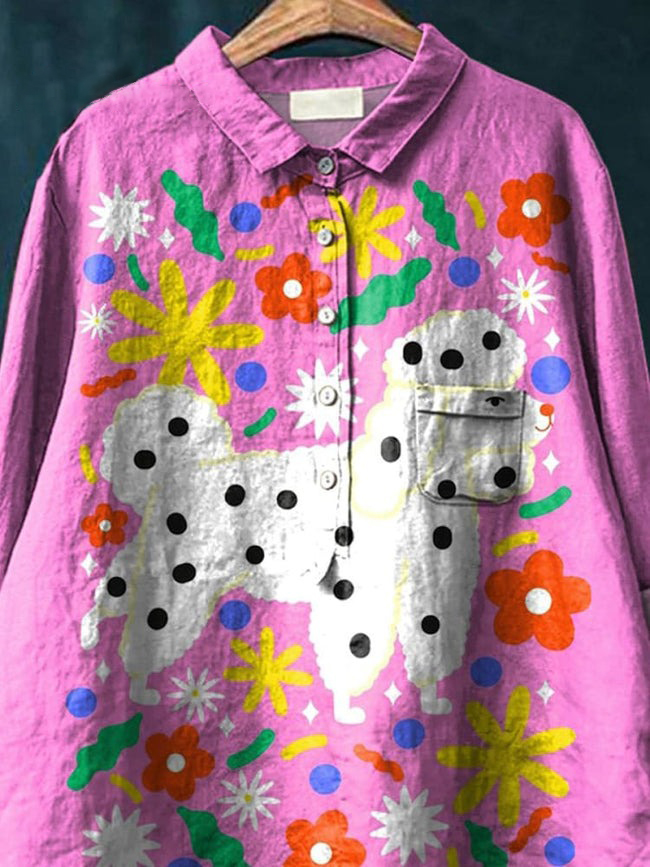 Lovely Poodle Dog Graphic Printed Women's Casual Cotton And Linen Shirt