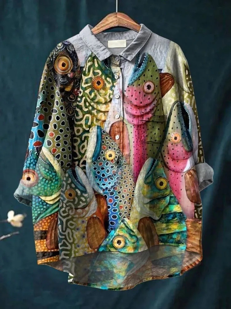 Vintage Funny Fish Art Print Casual Shirt