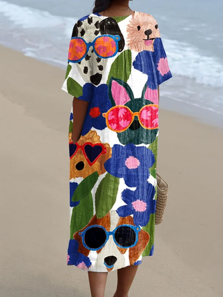 Women's Dog And Flower Art Print Casual Dress
