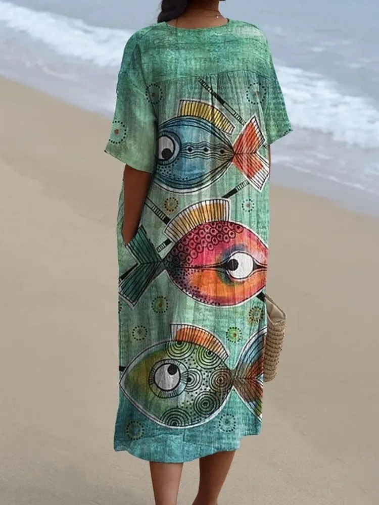 Women's Vintage Lovely Fish Art Print Flowy Dress