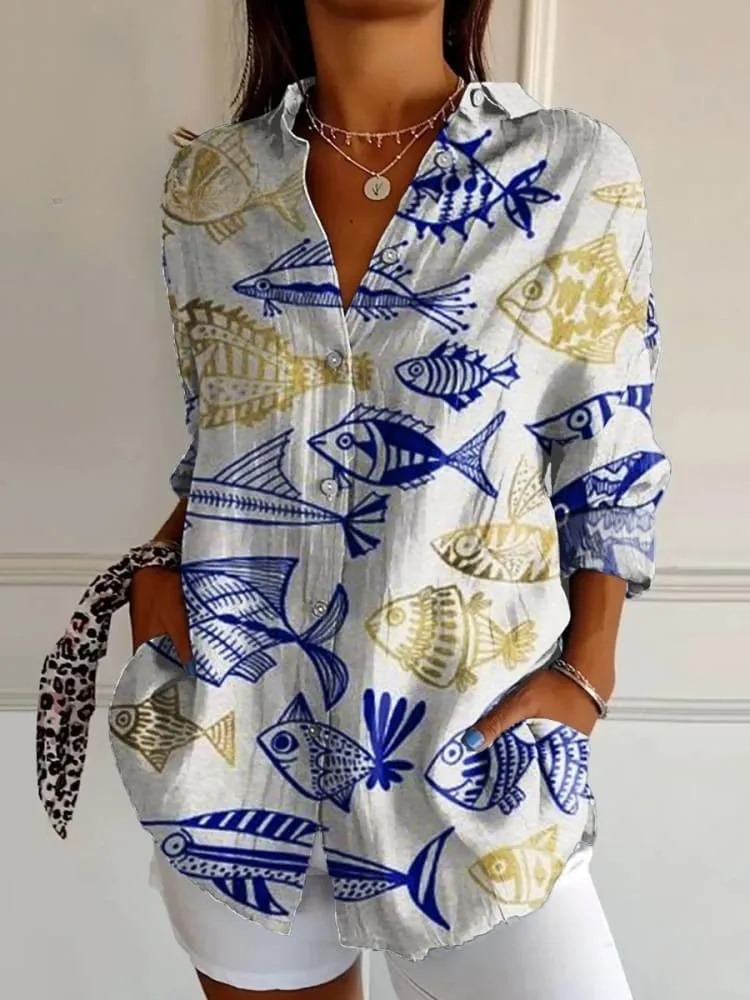 Women's Fish Art Print Casual Cotton Shirt