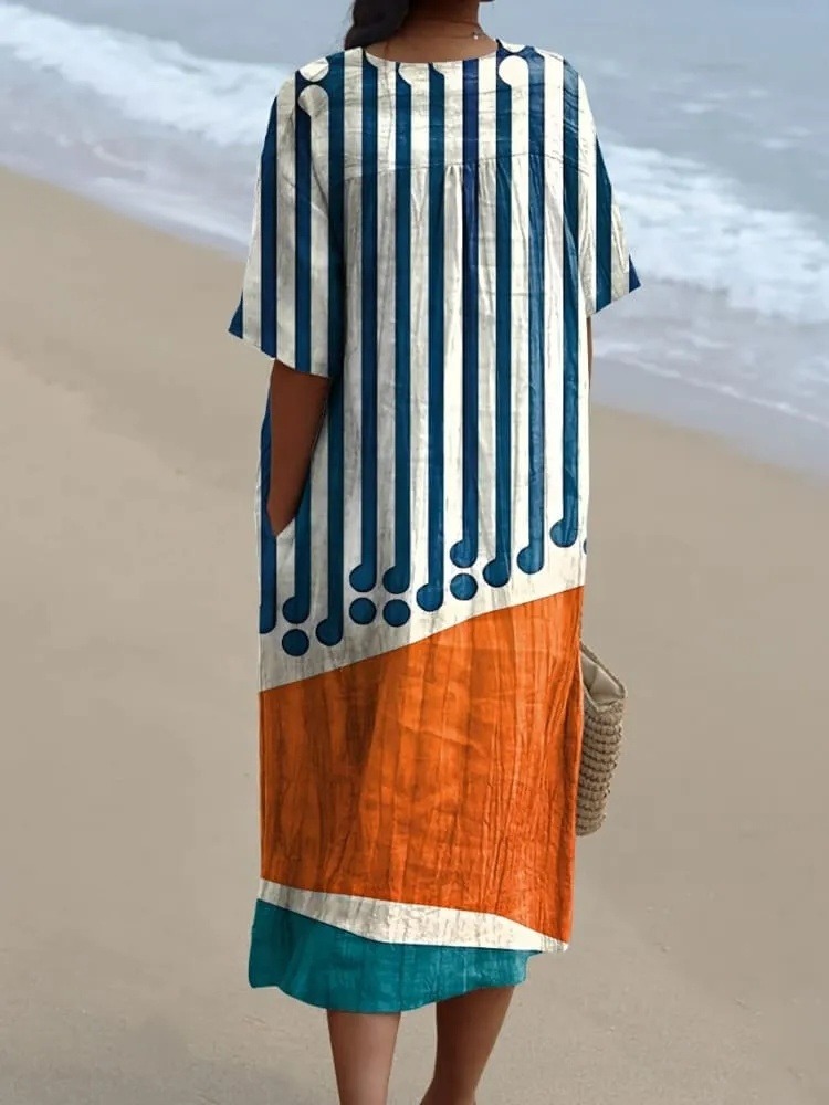 Women's Striped Color-blocking Watercolor Splash Fluid Art Print Flowy Dress