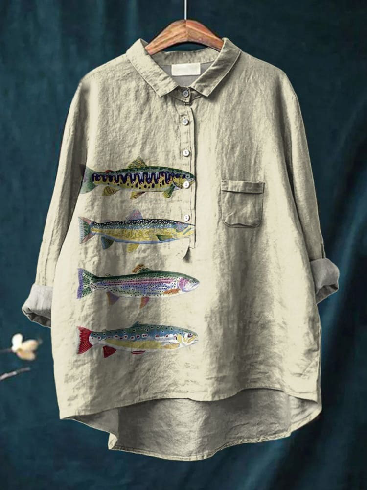 Women's Fish Print Casual Cotton And Linen Shirt