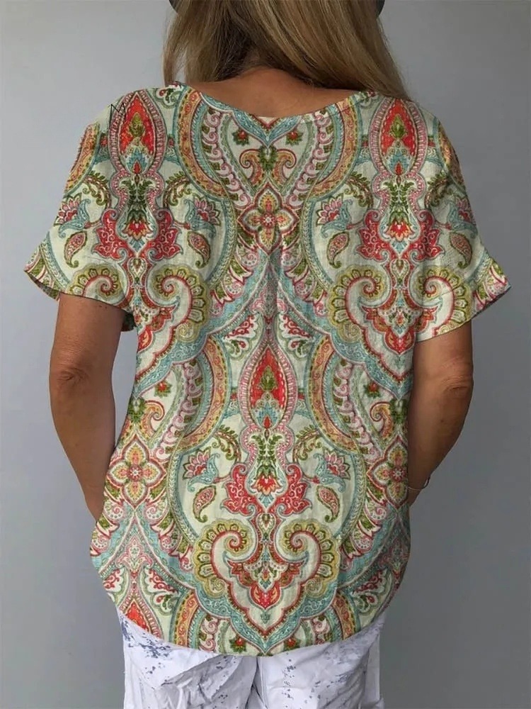 Women's Vintage Floral Art Print Casual Cotton And Linen Shirt