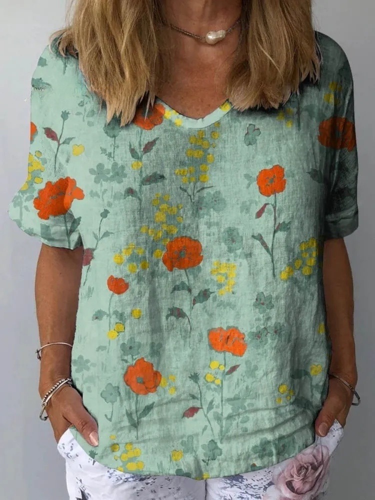 Women's Vintage Lovely Floral Art Print Casual Cotton And Linen Shirt