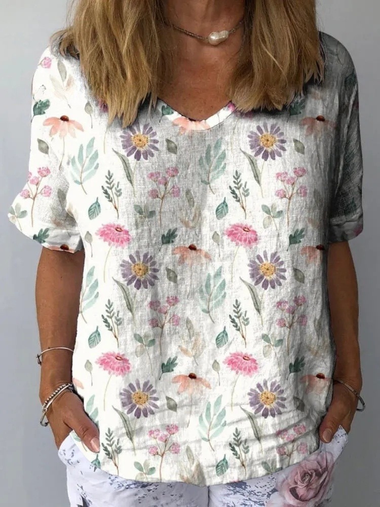 Women's Vintage Floral Art Print Casual Cotton And Linen Shirt