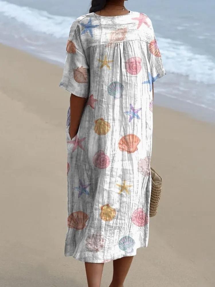 Summer Vibe Sea Shell Repeat Pattern Printed Women's Flowy Dress