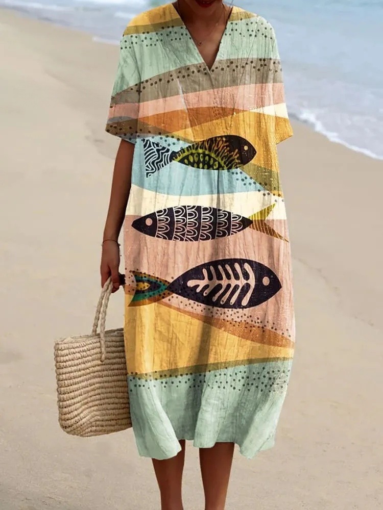 Women's Vintage Fish Art Print Flowy Dress