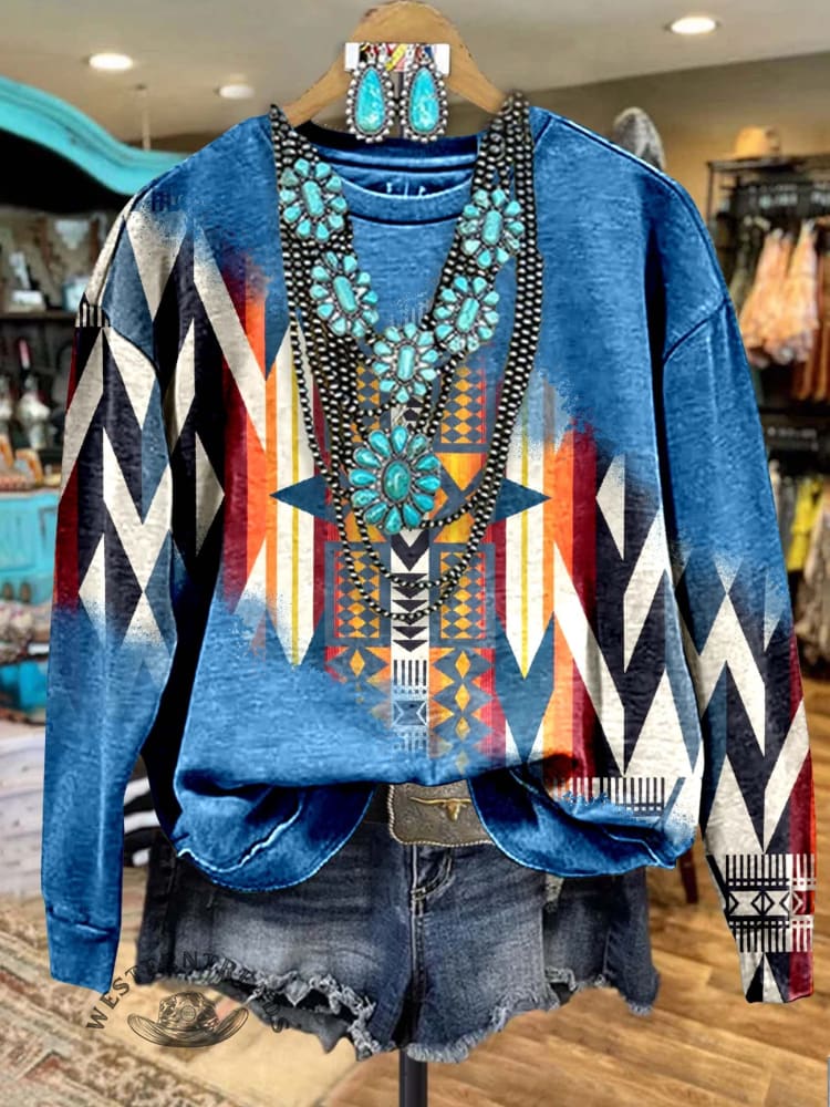 Blue Aztec Print Casual Sweatshirt