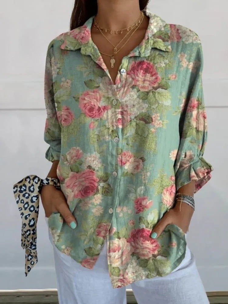 Women's Vintage Elegant Floral Art Print Casual V-neck Shirt
