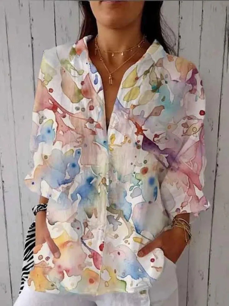 Women's Colorful Watercolor Art Print Casual V-neck Shirt