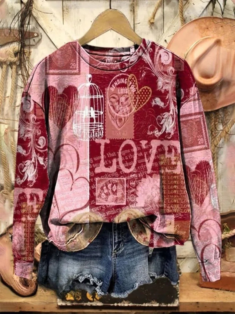 Vintage Western  Valentine's Day Print Casual  Sweatshirt