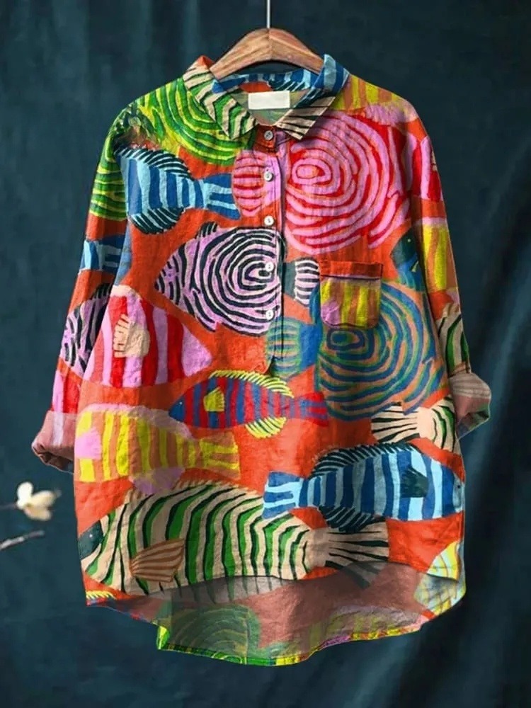 Colorful Abstract Fish Repeat Pattern Printed Women's Casual Shirt