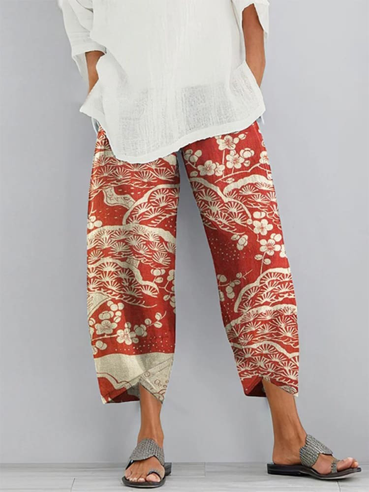 Women's Japanese  Art  Printed Cotton And Linen Casual Pants