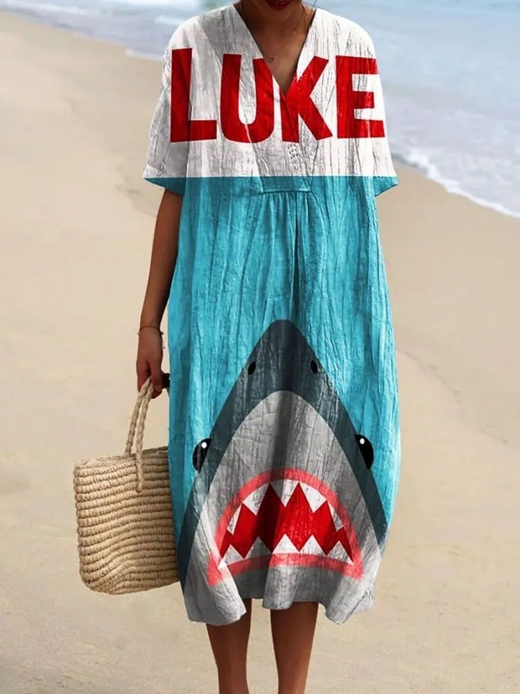 Women's Vintage Ocean Fish Shark Art Print Flowy Dress