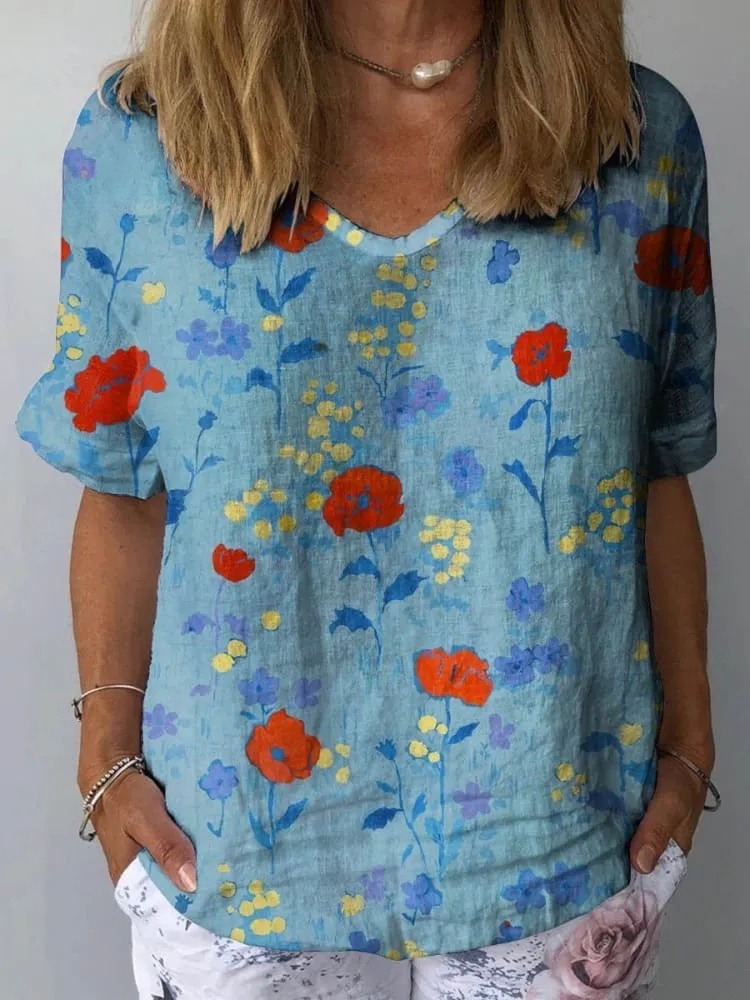Women's Vintage Lovely Floral Art Print Casual Cotton And Linen Shirt