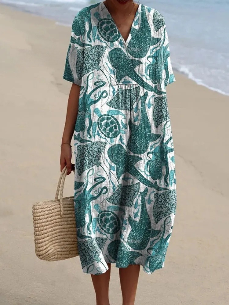 Vibrant Sea Creatures Pattern Printed Women's Flowy Dress
