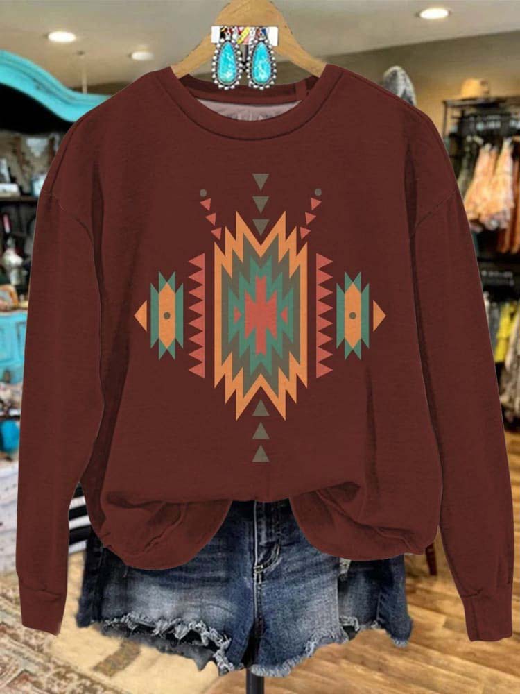 Maroon Vintage Aztecs Print Casual Sweatshirt