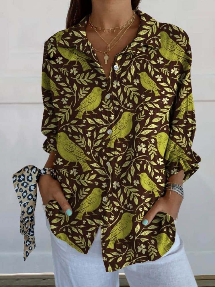 Women's Vintage Floral Birds Art Print Casual Linen V-neck Shirt