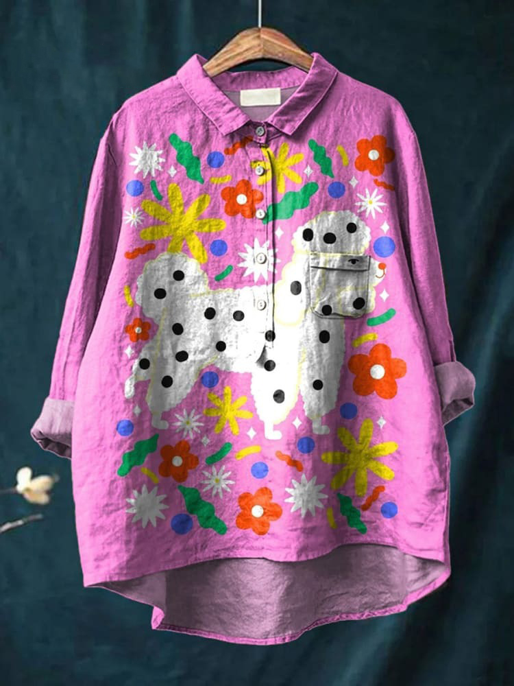 Lovely Poodle Dog Graphic Printed Women's Casual Cotton And Linen Shirt