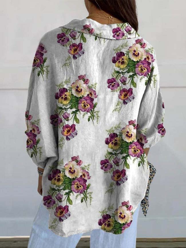 Women's Vintage Lovely Pansies Art Print Casual Linen V-neck Shirt