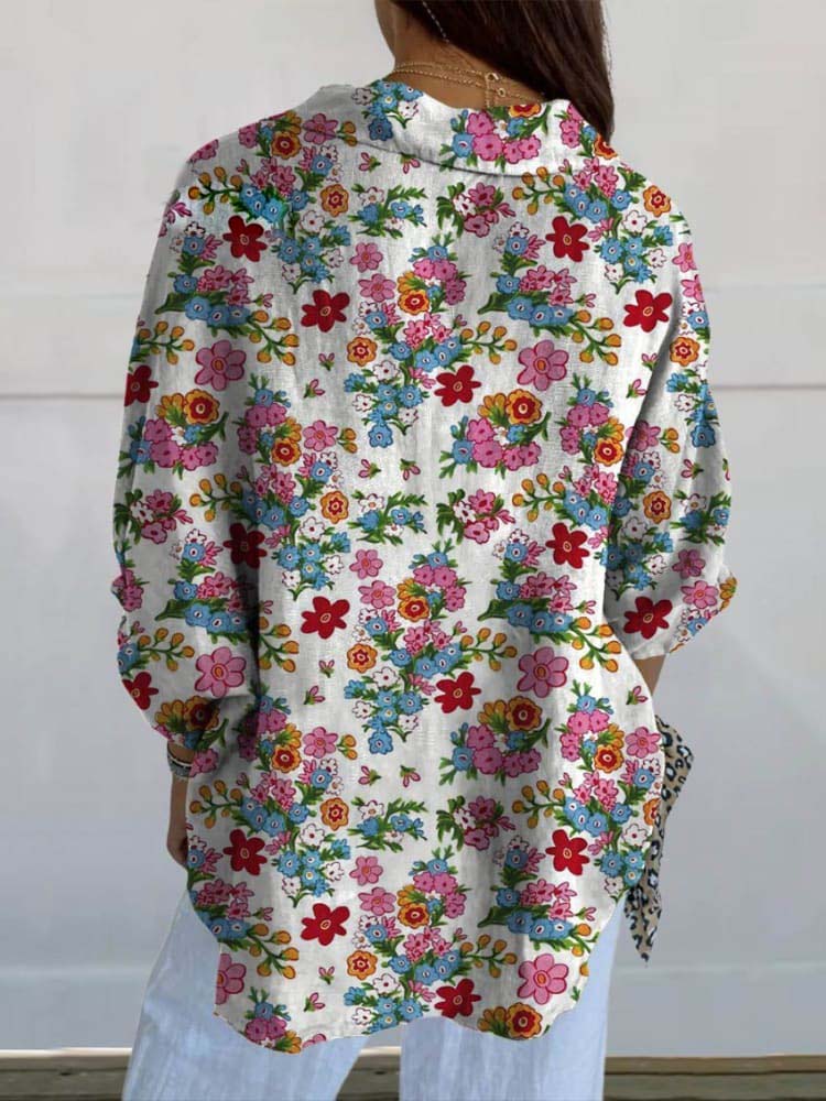 Women's Vintage Lovely Floral Art Print Casual Linen V-neck Shirt