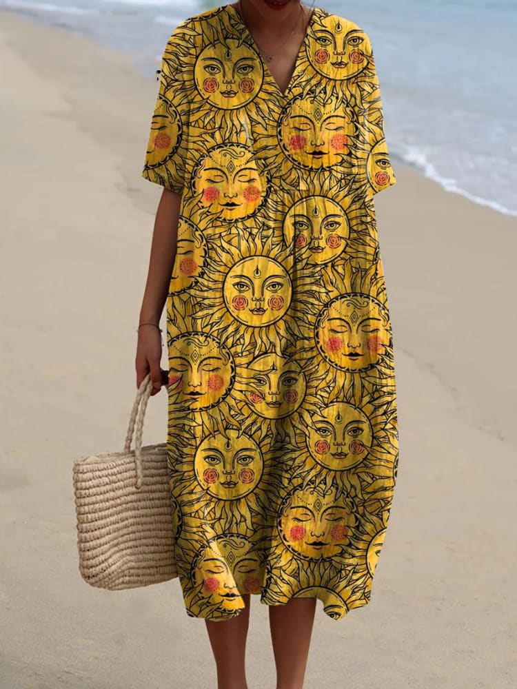 Women's Vintage Lovely Sun Pattern Art Print Flowy Dress