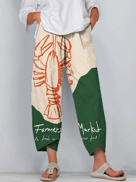 Women's Vintage Fish Market Lobster Art Print Casual Pants