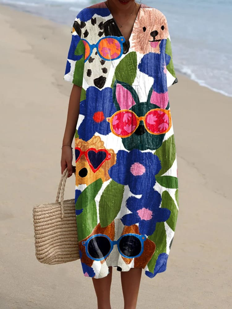 Women's Dog And Flower Art Print Casual Dress