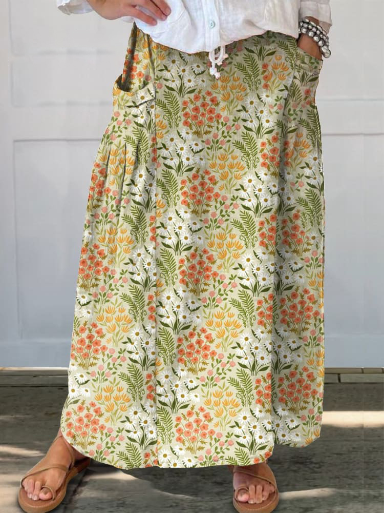 Women's  Flower Art  Print   Linen Pocket Skirt