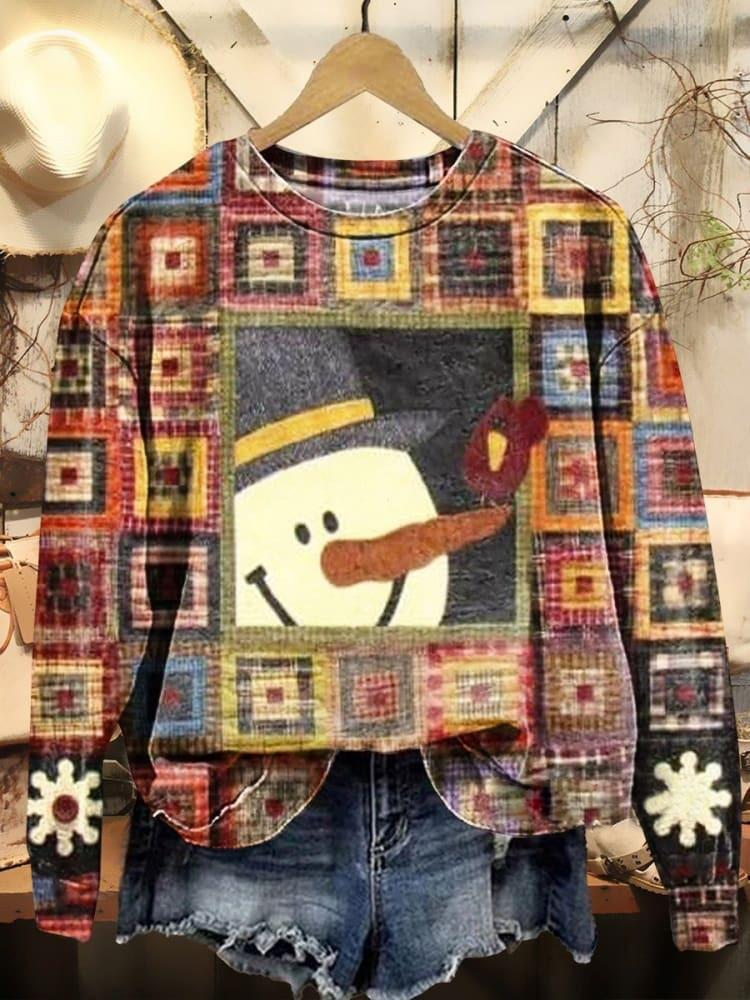 Women's Vintage Plaid Color Block Cute Snowman Art Prints Casual Sweatshirt