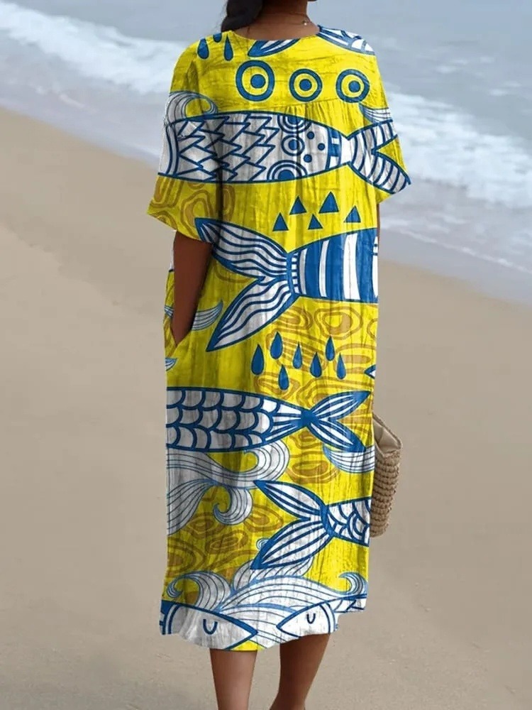 Summer Sea Fish Pattern Printed Women's Flowy Dress