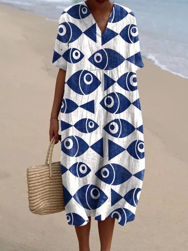 Women's Vintage Fish Art Print Flowy Dress